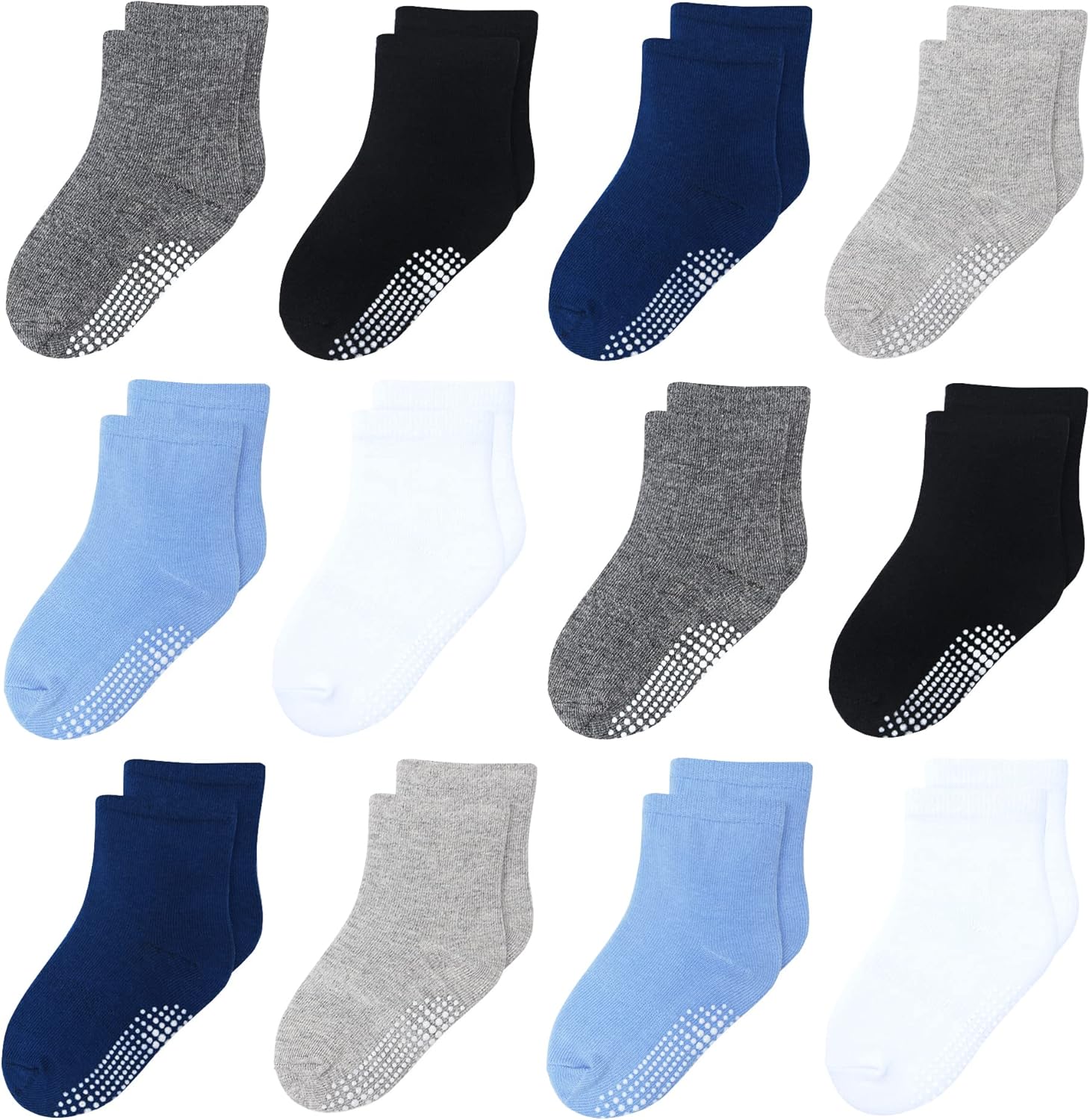 12 Pack Non Slip Kids Toddler Baby Socks with Grips for 1-7 Years Boys Girls Cotton Crew Socks Multi Colors