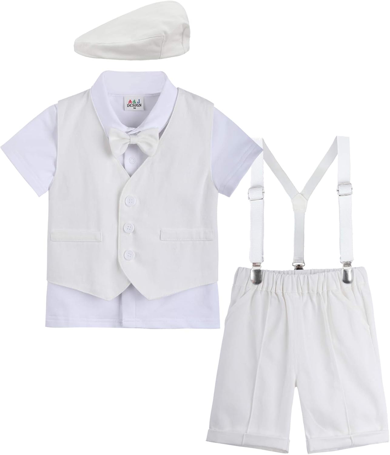 A&J DESIGN 5pcs Toddler Baby Boys Suit Set, 12 Months - 3T, Gentleman Suit Shirt & Shorts & Vest & Hat & Bow Tie