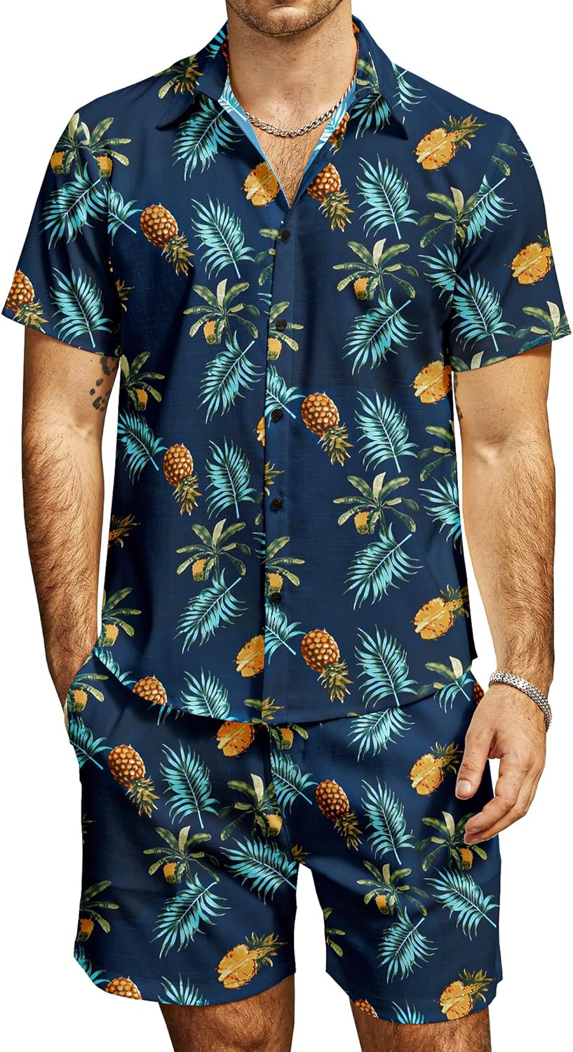 JOGAL Men's Casual Cotton Short Sleeve Button Down Hawaiian Shirt Suits