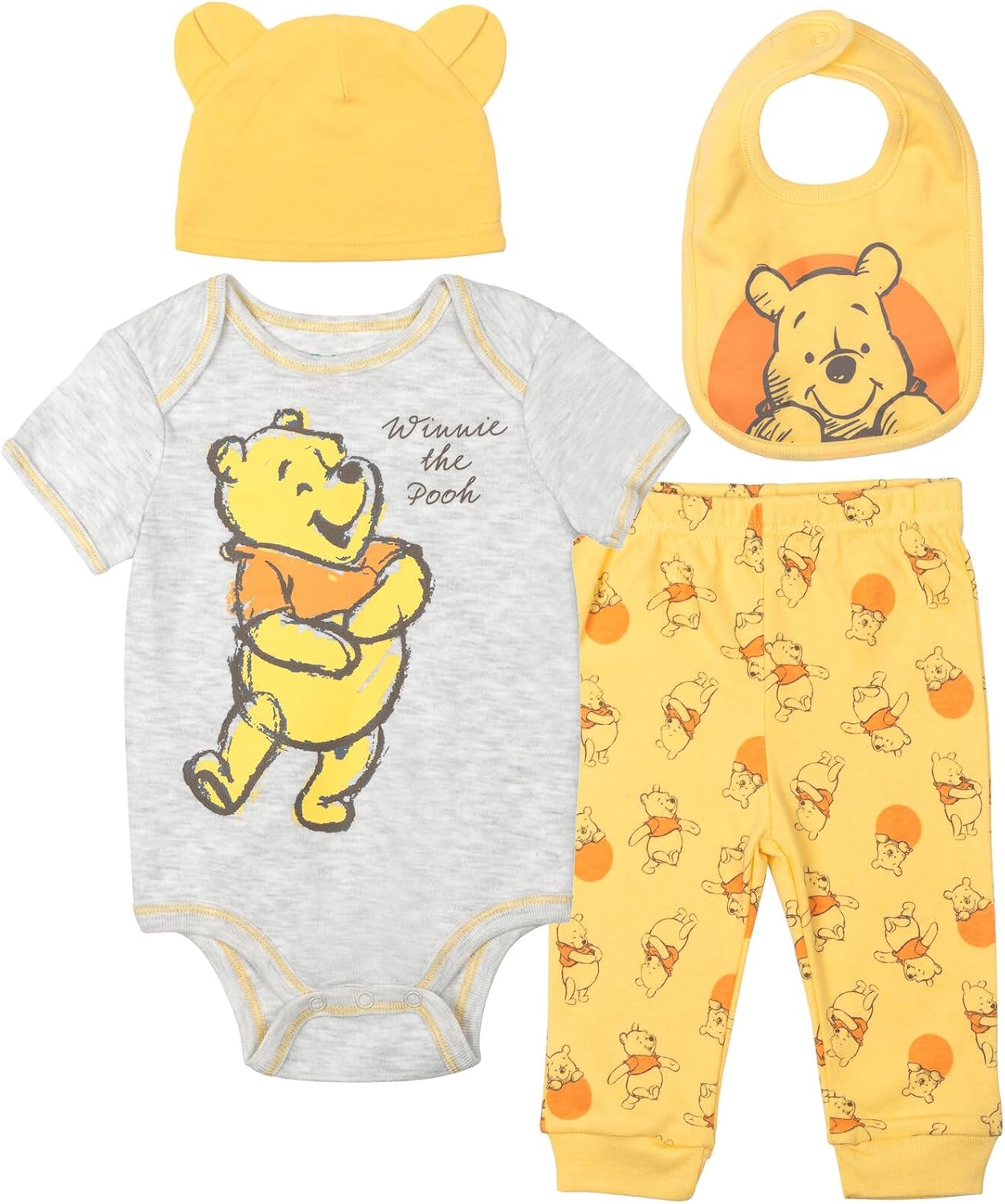 Disney Winnie the Pooh Baby Bodysuit Pants Bib and Hat 4 Piece Outfit Set Newborn to Infant