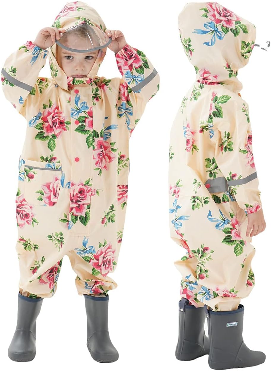 Unisex Toddler baby Boys Girls Waterproof Rain Suit Sets Kids One Piece Rain Coat Coverall Hooded Jumpsuit 1-10 T