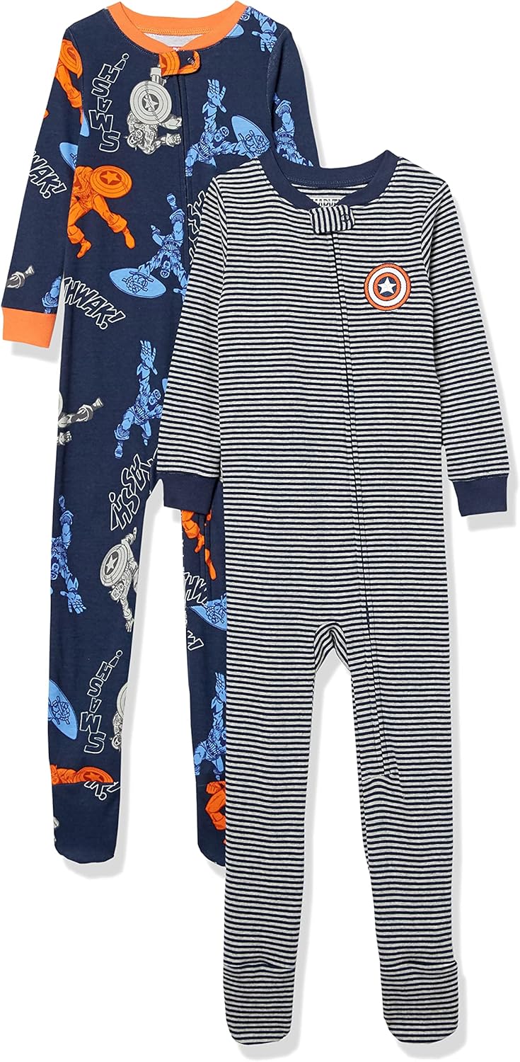 Amazon Essentials Disney | Marvel | Star Wars Unisex Babies' and Toddlers' Snug-Fit Cotton Footed Pajamas, Multipacks