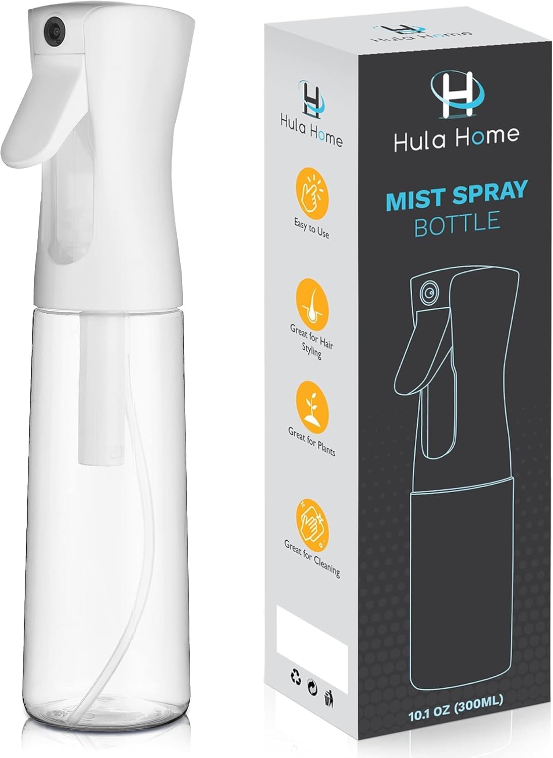 Hula Home Spray Bottle for Hair (10.1oz/300ml) - Powered by Flairosol Spray Technology - Continuous Ultra Fine Mist Sprayer - For Hairstyling, Cleaning, Salons, Plants, Essential Oil & More - White