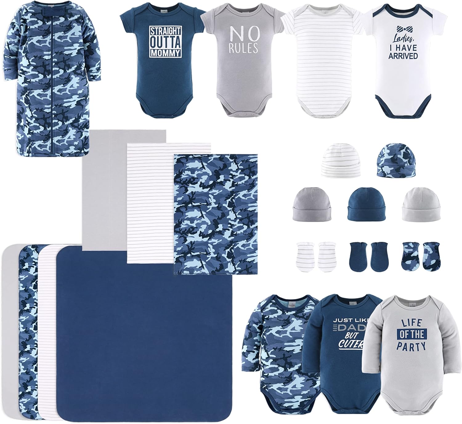 The Peanutshell Baby Layette Gift Set for Baby Boys - 23 Piece New Born Baby Boy Gift Set, Baby Clothes & Newborn Essentials Must Haves - Newborn Baby Boy Clothes 0-3 Months - Blue Camo