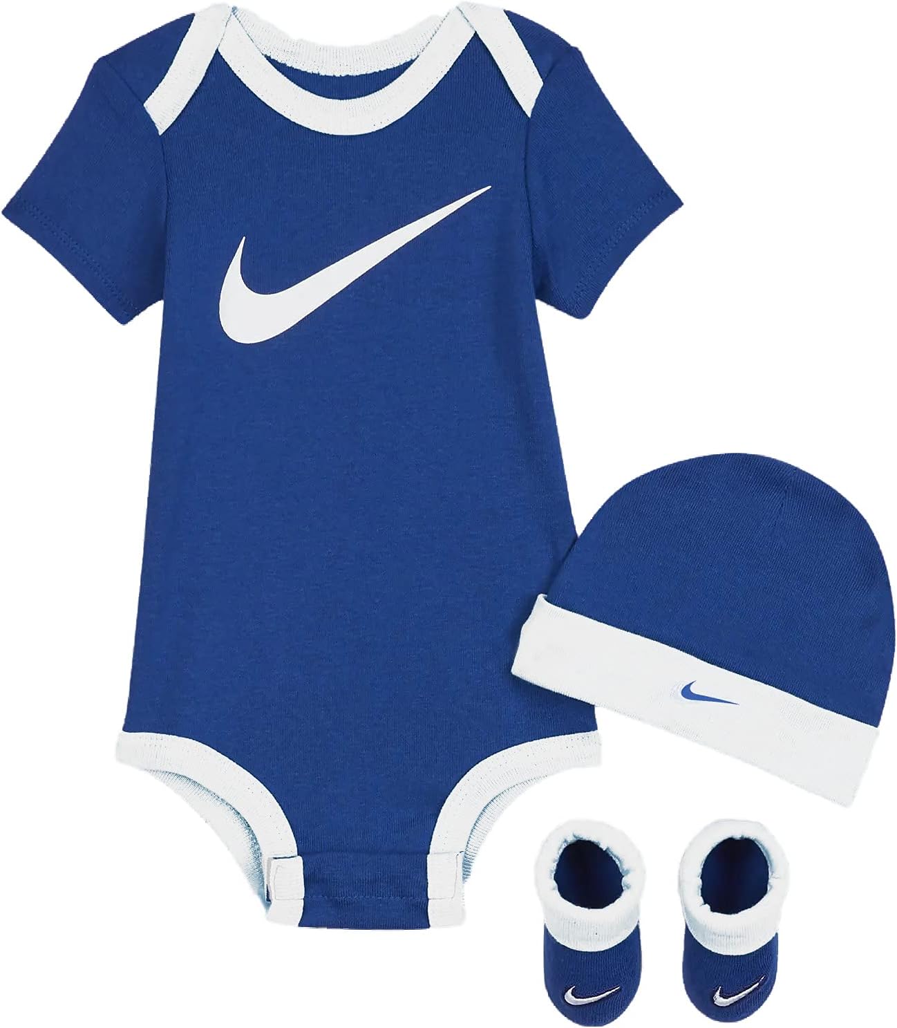 Nike Baby Boys Bodysuit, Hat and Booties 3 Piece Set (Blue Gaze(LN0072-U89)/White, 0-6 Months)