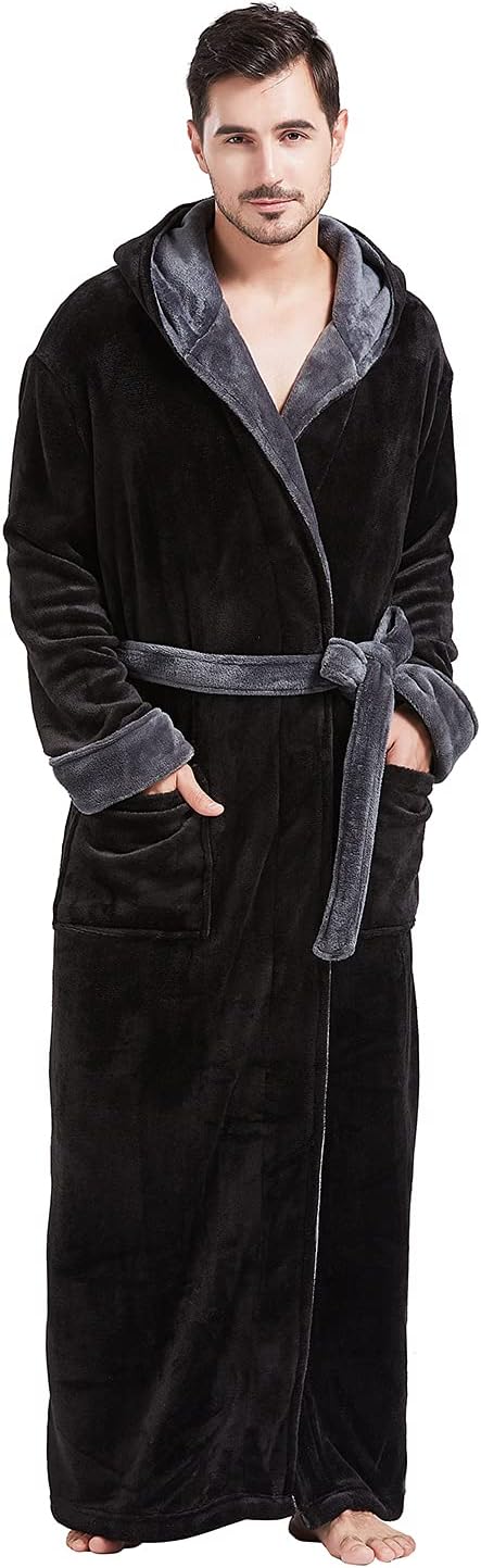 FashGudim Mens Robes Big and Tall with Hood Two-Tone Flannel Fleece Contrast Bathrobe Full Length Plush Long Robe House Coat