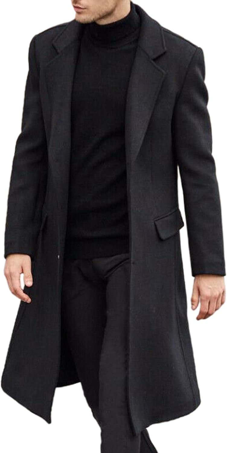 SOMTHRON Men's Casual Trench Coat Slim Fit Notched Collar Long Jacket Overcoat Single Breasted Pea Coat wih Pockets