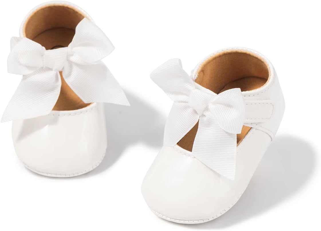 Baby Mary Jane Flats for Girls with Bowknot Cotton Anti Skid Sole Infant First Walker Princess Dress Crib Wedding Shoes