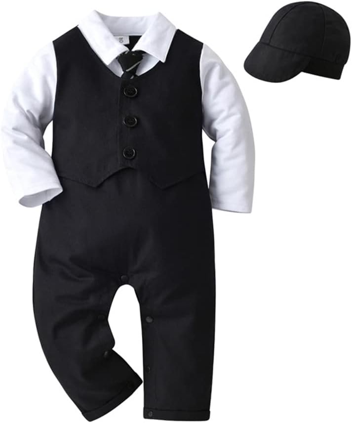 IDOPIP Baby Boy One-Piece Romper Short Sleeve Jumpsuit Gentleman White Shirt Bowtie Tuxedo Birthday Outfit Formal Suit + Hat