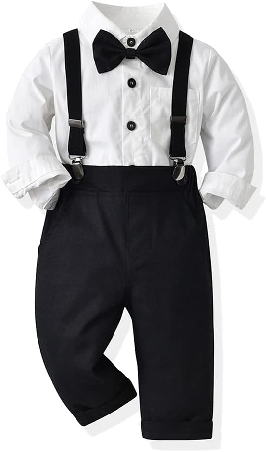 IDOPIP Toddler Kids Baby Boys 1st Christmas Outfit Gentleman Striped Shirt with Bowtie +Long Suspender Pants Overalls Clothes