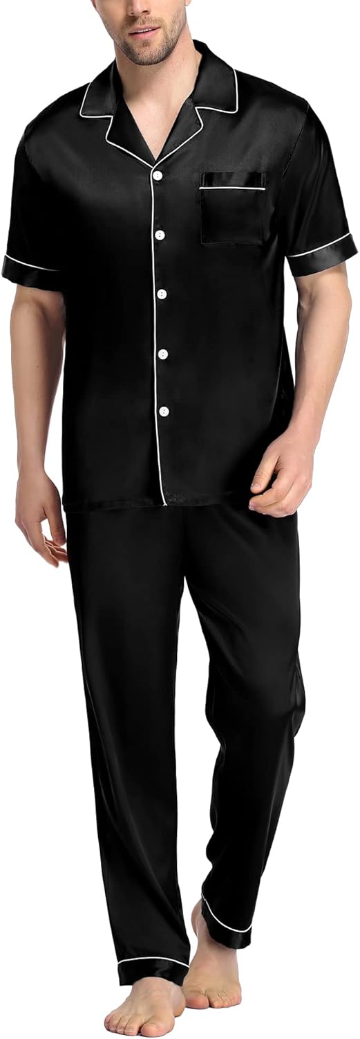 SWOMOG Mens Satin Silky Pajama Set Short Sleeve Classic Sleepwear Button Down Loungewear with Long Pants