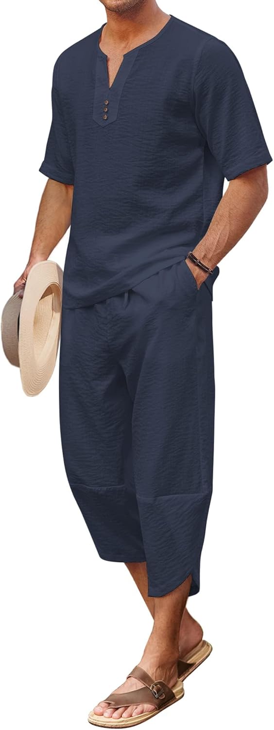 COOFANDY Men's 2 Pieces Linen Set Henley Shirt Short Sleeve and Harem Capri Pants Wide Leg Baggy Beach Yoga Trousers Outfits