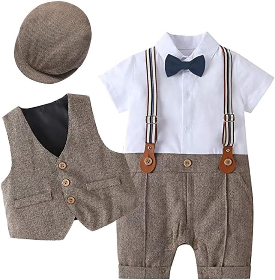 IDOPIP Baby Boy Gentleman Outfit Formal Tuxedo Suit Bowtie Romper Overalls with Vest Hat Birthday Wedding Party Clothes