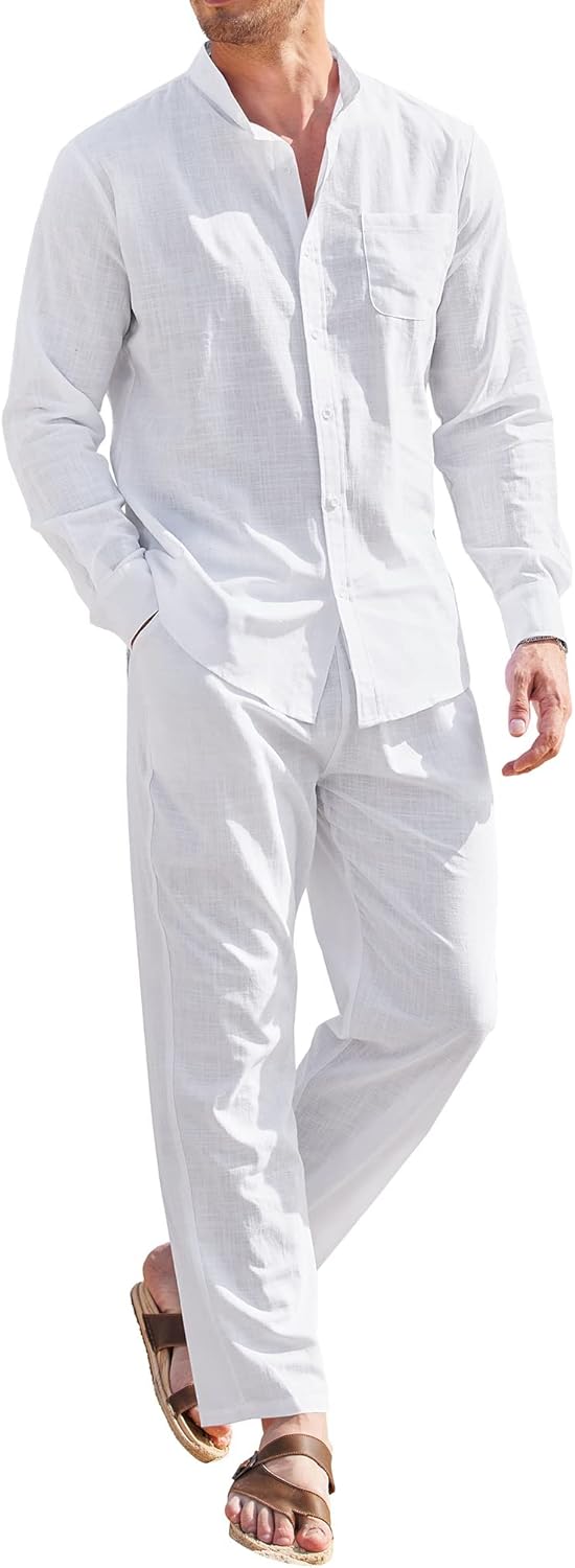 COOFANDY Linen Sets For Men 2 Piece Button Down Shirt Long Sleeve And Casual Beach Drawstring Waist Pants Summer Outfits