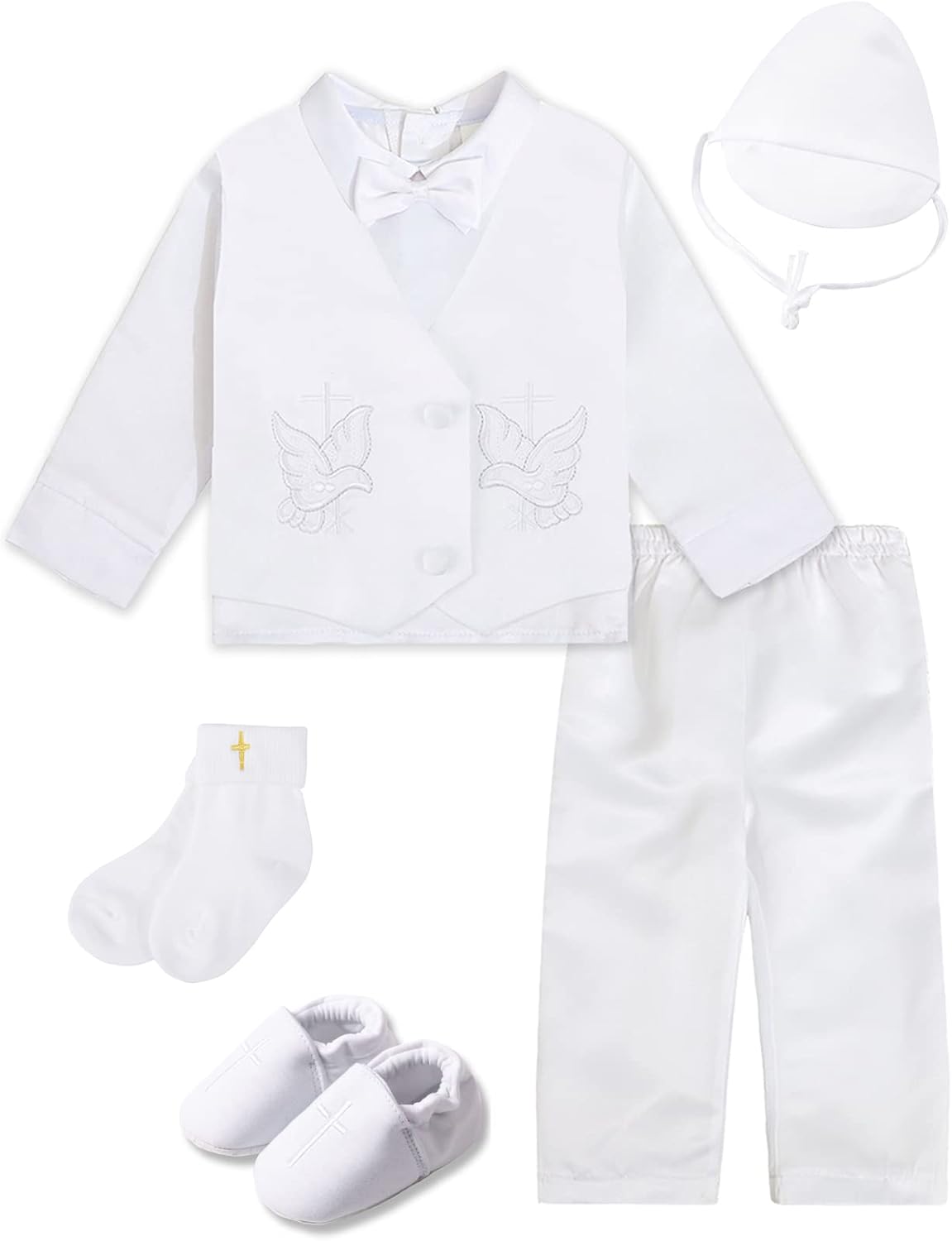 A&J DESIGN White Baby Boy Baptism Outfit 3-18 Months Long Sleeve with Embroidered Cross