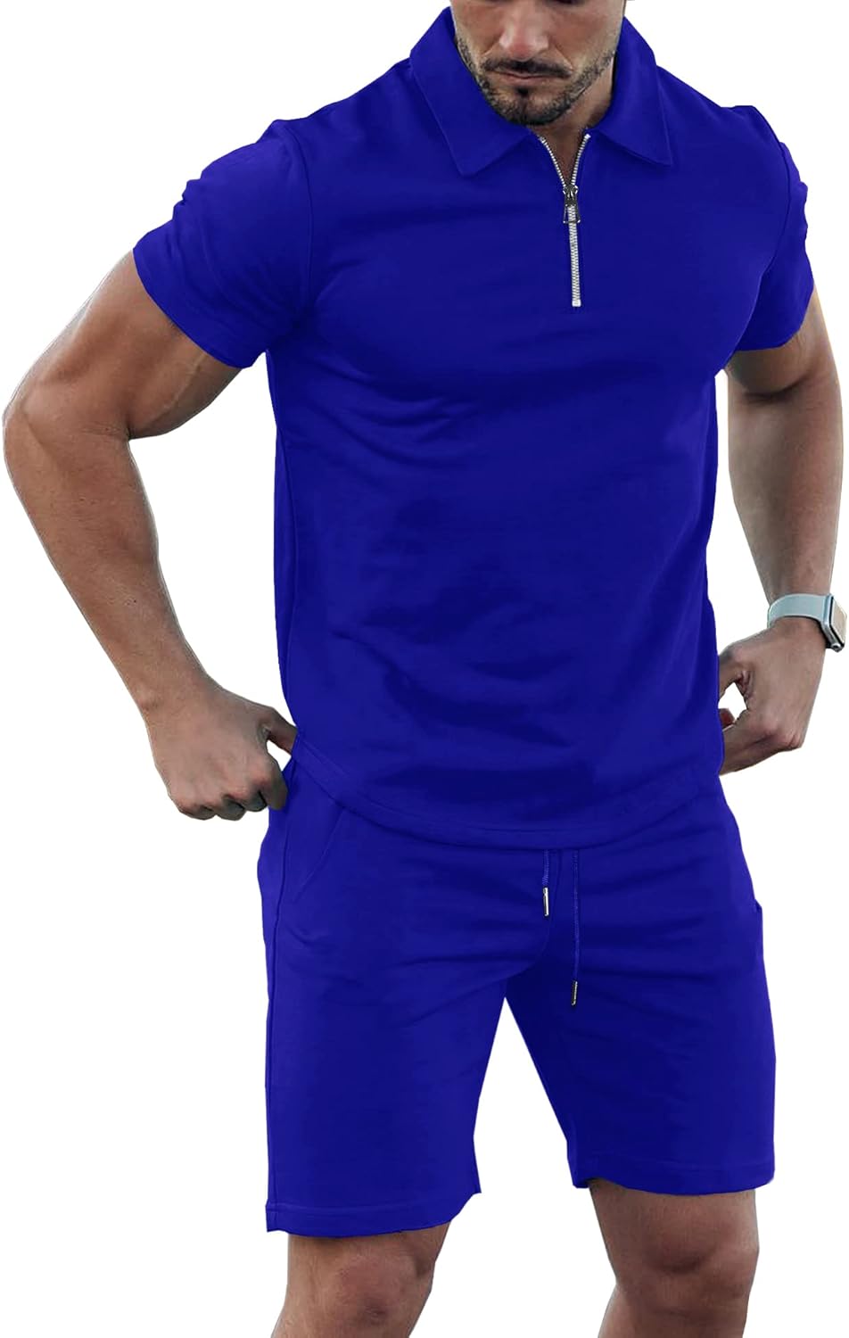 URRU Mens Short Sleeve Casual Polo Shirt and Shorts Sets Two Piece Summer Outfits Zip Polo Tracksuit Set for Men S-XXL