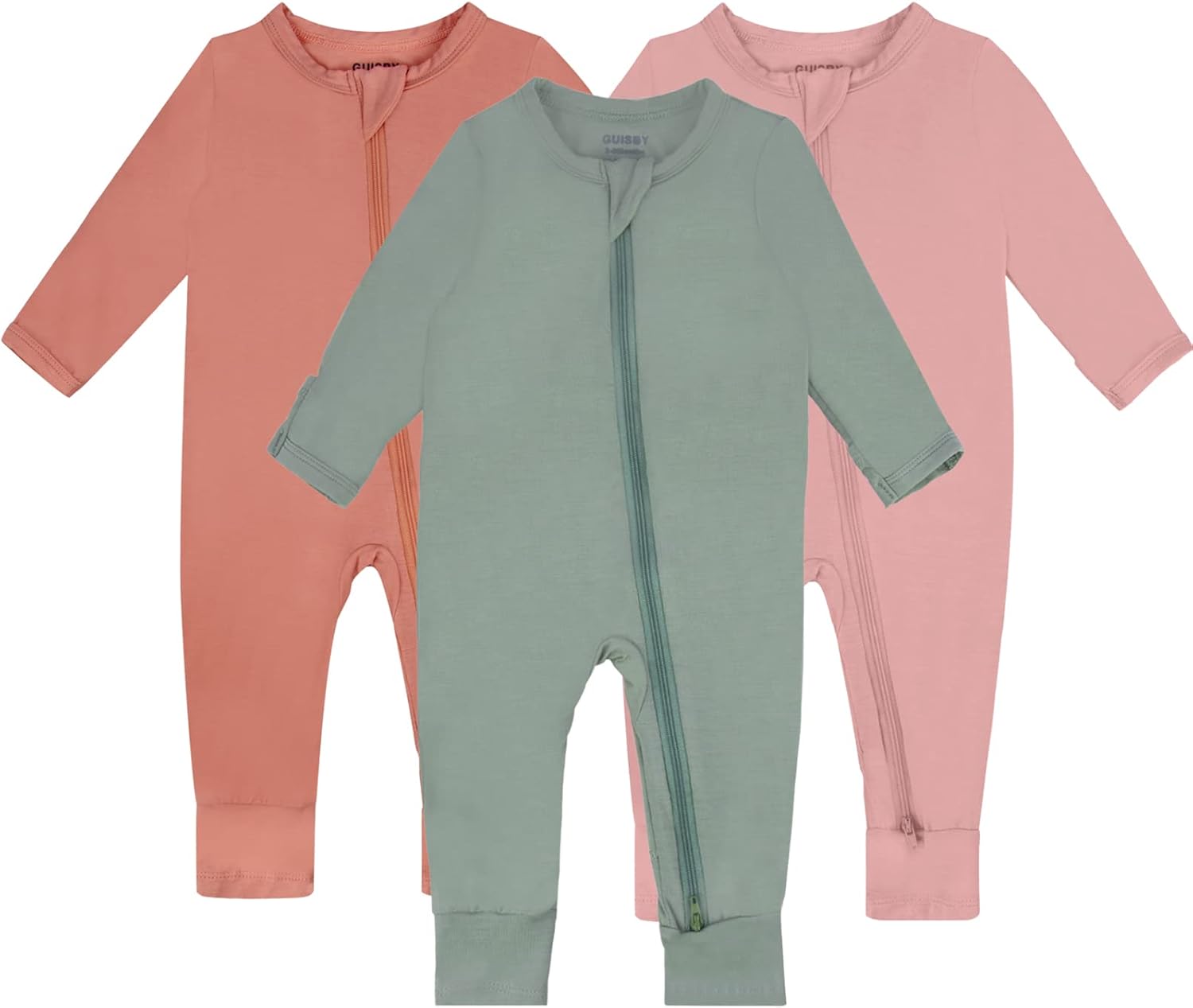 GUISBY Baby Pajamas with Mitten Cuffs - 3Pcs Girls Boys 2 Way Zipper Long Sleeve Rayon Sleepers