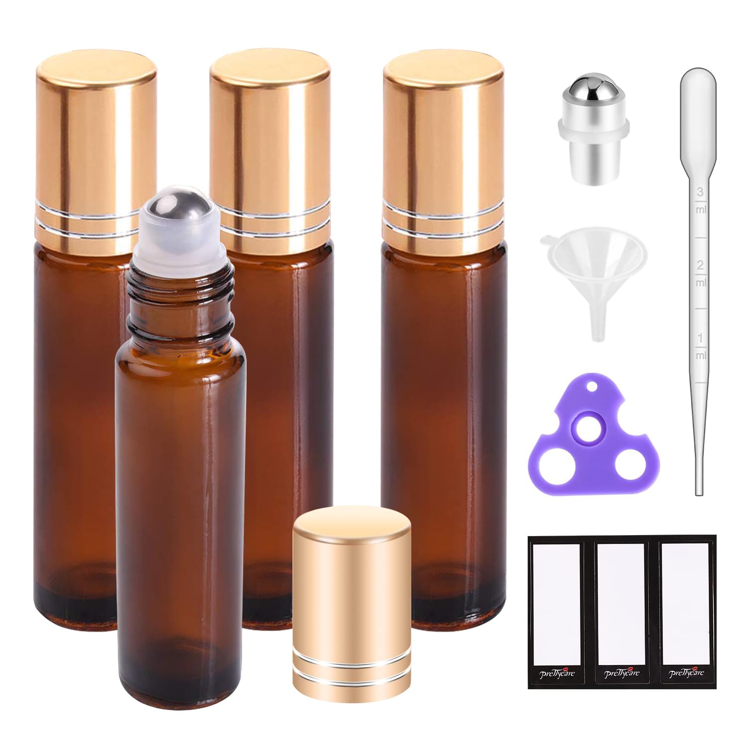 PrettyCare Essential oil Roller Bottles for Oils 10ml Glass Amber Perfume Bottles Empty with Extra Roller Balls, Opener, Funnel, Pipette, Labels, 4pack Roll on Bottles