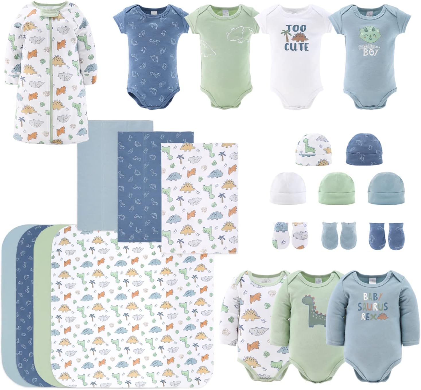 The Peanutshell Baby Layette Gift Set for Baby Boys - 23 Piece New Born Baby Boy Gift Set, Baby Clothes & Newborn Essentials Must Haves - Newborn Baby Boy Clothes 0-3 Months - Dinosaur