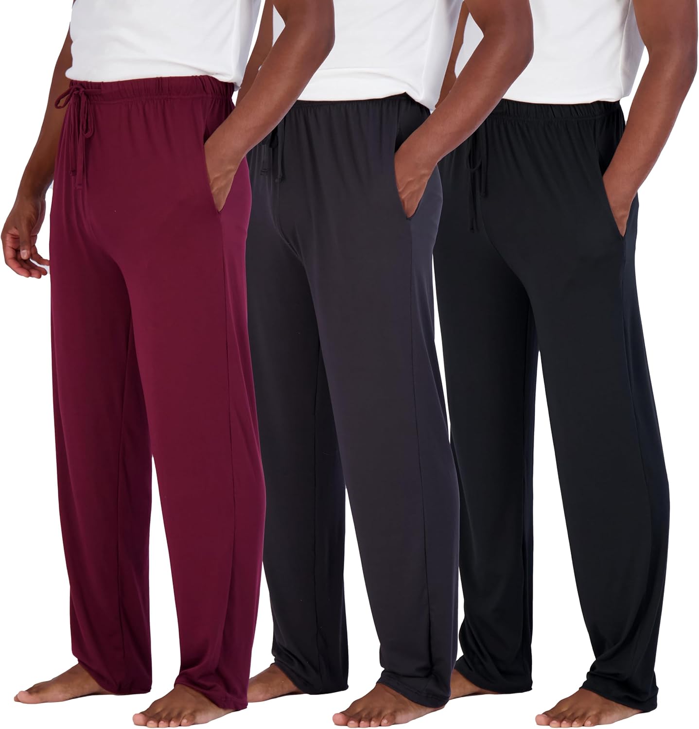 Real Essentials 3 Pack: Men's Soft Pajama Lounge Pants with Drawstring & Pockets - 4-Way Stretch & Wicking-Big & Tall (S-5XL)