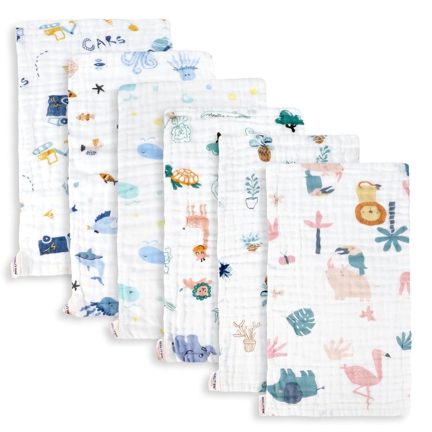 Maliton Muslin Baby Burp Cloths 6 Pack Large 20''x10'' 100% Cotton Burp Rags Absorbent and Soft 6 Layers Muslin Cloth Baby Essentials for Newborn(Animals and Cars, Pack of 6)