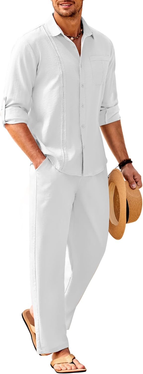 COOFANDY Mens Linen Sets 2 Piece Long Sleeve Button Down Cuban Shirt and Pants Set Summer Beach Set Outfits