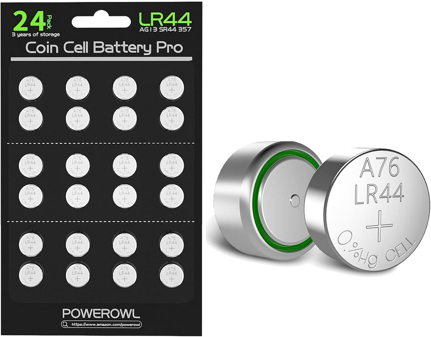 POWEROWL LR44 Batteries 24 Count, High Capacity AG13 357 303 SR44 L1154F A76 Premium Alkaline Battery 1.5V Button Coin Cell Batteries