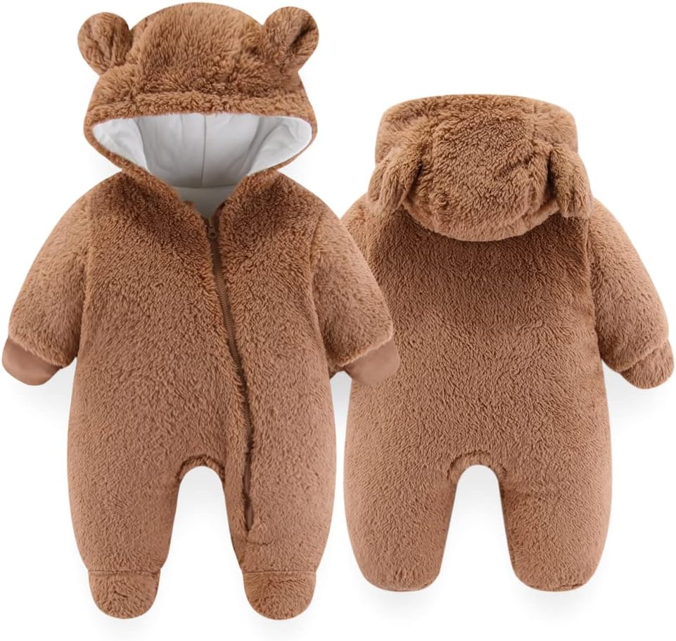 UVIPC Newborn Baby Fleece Footie Snowsuit Winter Onesie Cartoon Bear Warm Hooded Outfits for Girls Boys