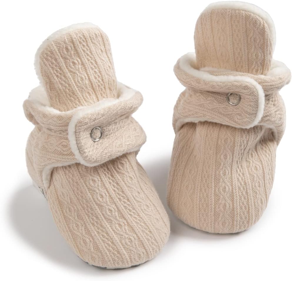 Babelvit Newborn Baby Boy Girl Soft Fleece Booties Stay On Infant Slippers Socks Shoe Non Skid Gripper Toddler First Walkers Winter Ankle Crib Shoes