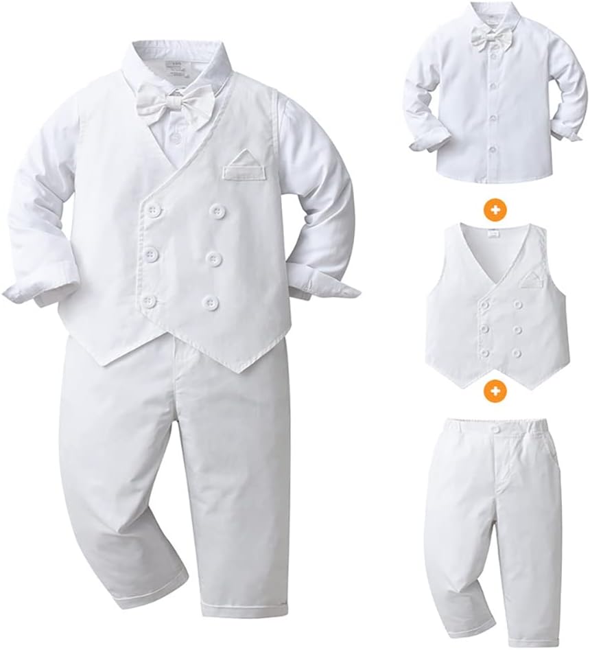 IDOPIP Toddler Kids Baby Boys Fall Winter Outfits Long Sleeve Shirt with Bowtie + Vest Waistcoat +Long Pants Overalls Clothes