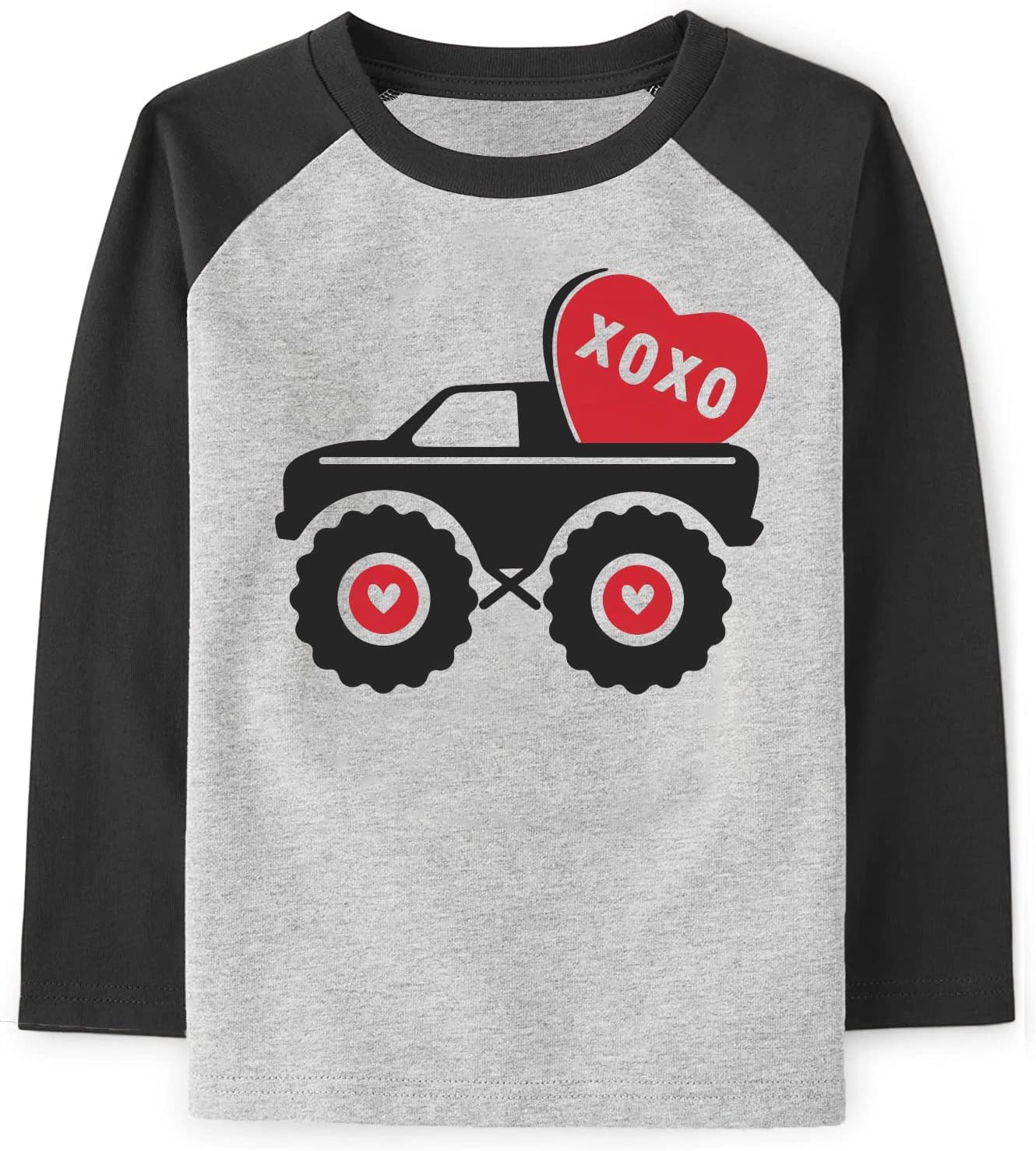 Valentine's Day Shirt for Boys Girls Monster Truck Heart Tops Toddler Kids Long Sleeve Raglan Tees