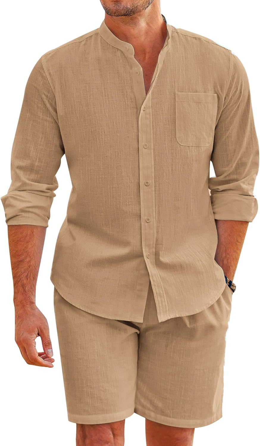 COOFANDY Linen Sets For Men 2 Piece Button Down Shirt Long Sleeve and Casual Beach Drawstring Waist Shorts Summer Outfits