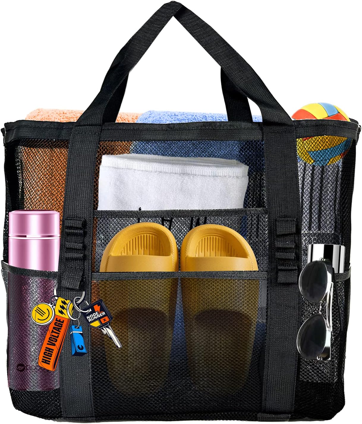 Beach Bag, Mesh Beach Bag - Extra Large Beach Tote Bag - Lightweight Beach Toys Bag with 9 Pockets, Beach Essentials