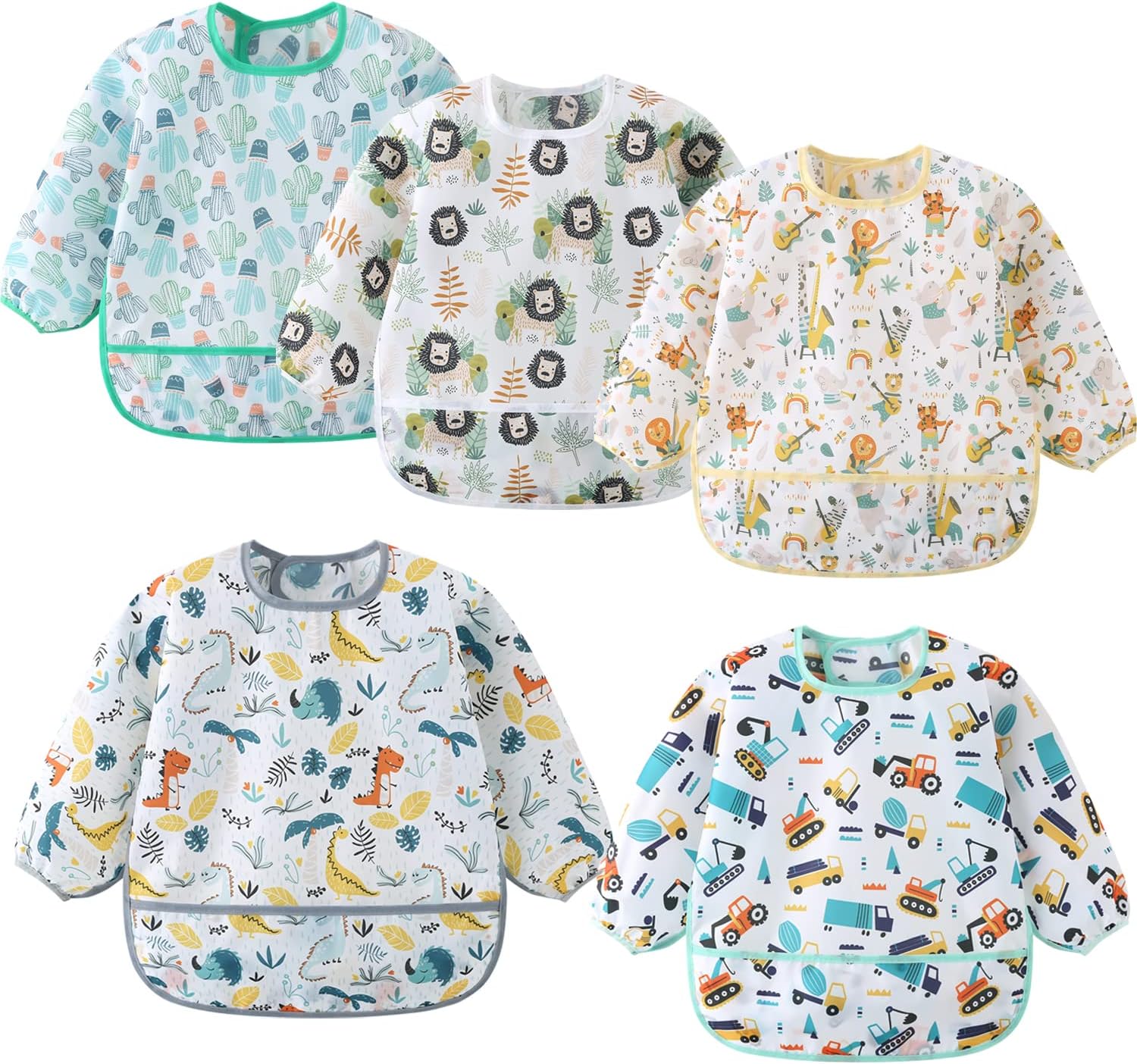 5 Pack Long Sleeve Bib,Baby Toddler Waterproof Sleeved Bib for 6-30 Months Reusable with Catch-all Pocket