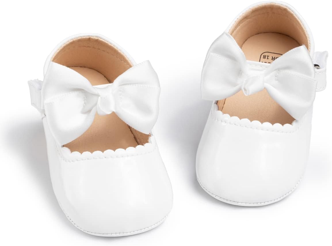 Oamico Infant Baby Girls Mary Jane Flats Non Slip Rubber Sole with Bownot Toddler First Walkers Princess Wedding Dress Shoes