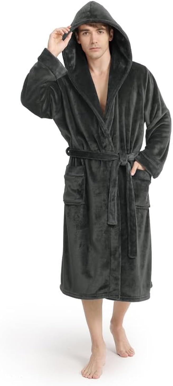 Yurhap Luxury Mens Robe with Hood, Ultra Cozy Fleece Bathrobe for Men, Plush Hooded Robe with Belt & 2 Pockets