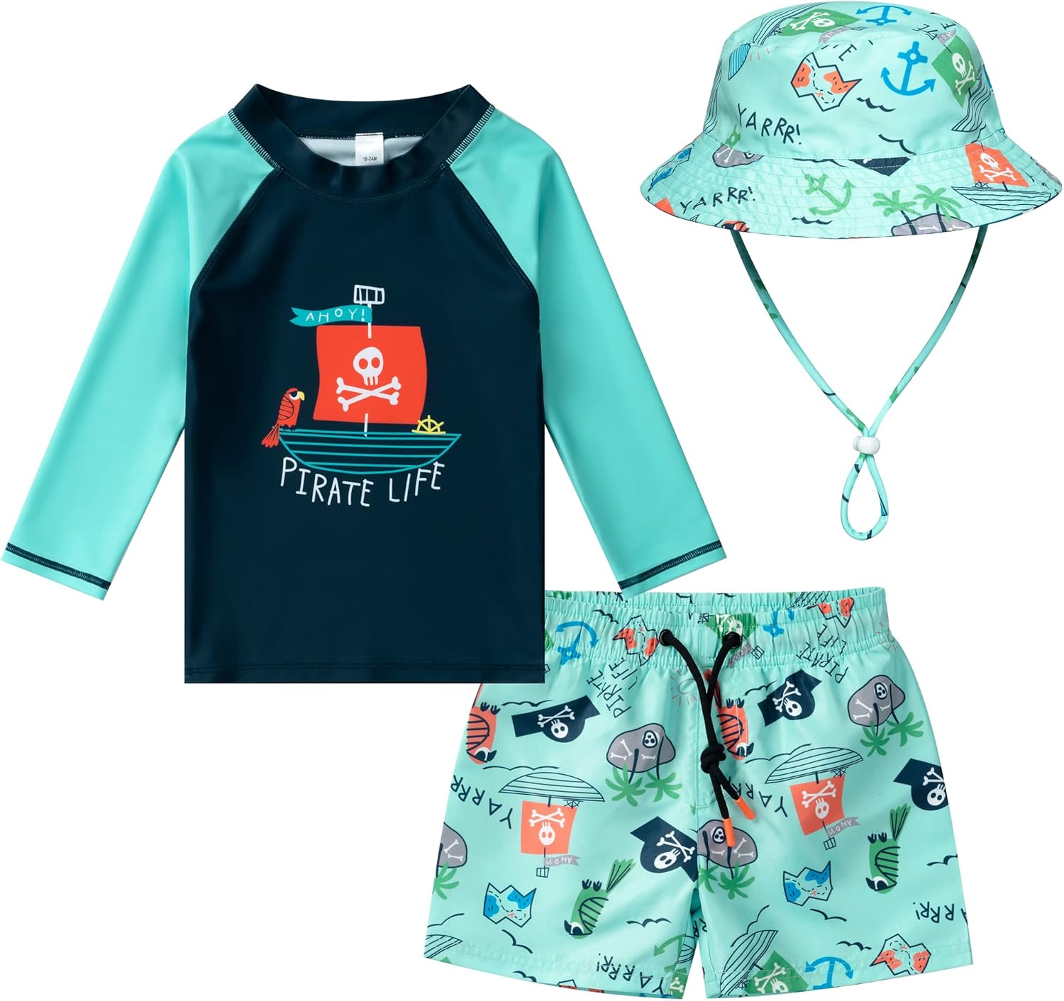 Toddler and Baby Boys' 3-Piece Swimsuit Trunk, Long Sleeve Rashguard Bathing Suit with Hat Set