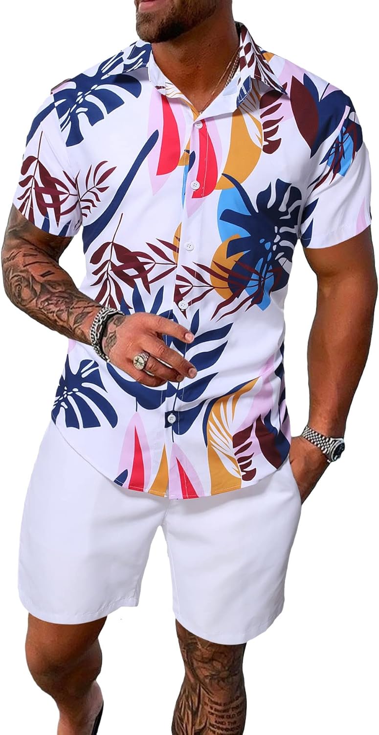 SOLY HUX Men's 2 Piece Outfits Tropical Print Short Sleeve Button Down Hawaiian Shirt and Shorts Set