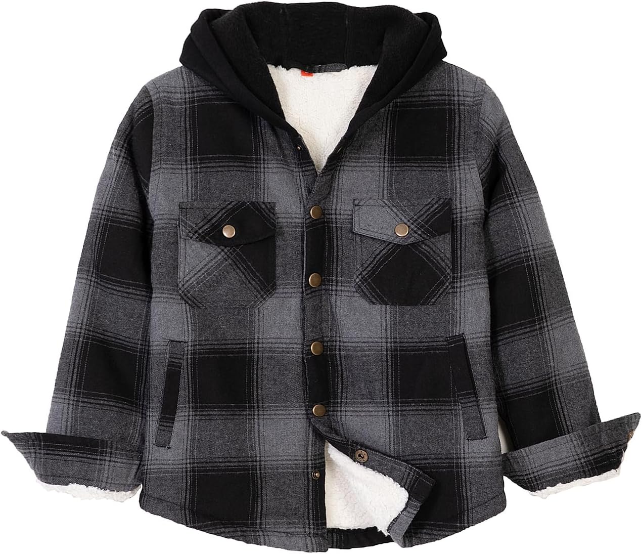 ZENTHACE Kids Boys Girls Sherpa Lined Flannel Shacket Jacket,Hooded Plaid Snap Shirt,Fall Winter Playwear