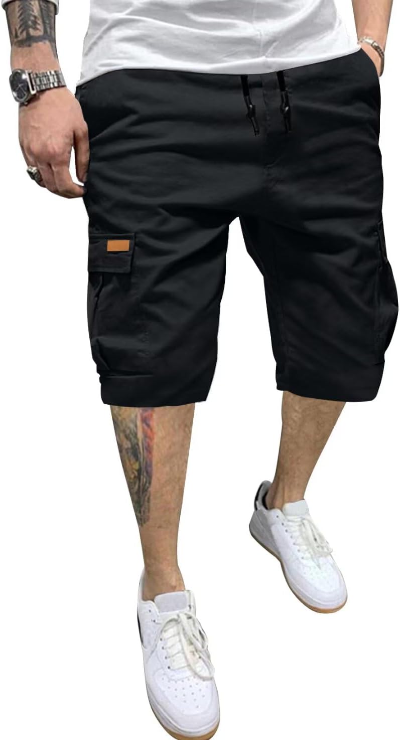 Mens Cargo Shorts Casual Waist Elastic Drawstring Outdoor Golf Shorts with 6 Pockets