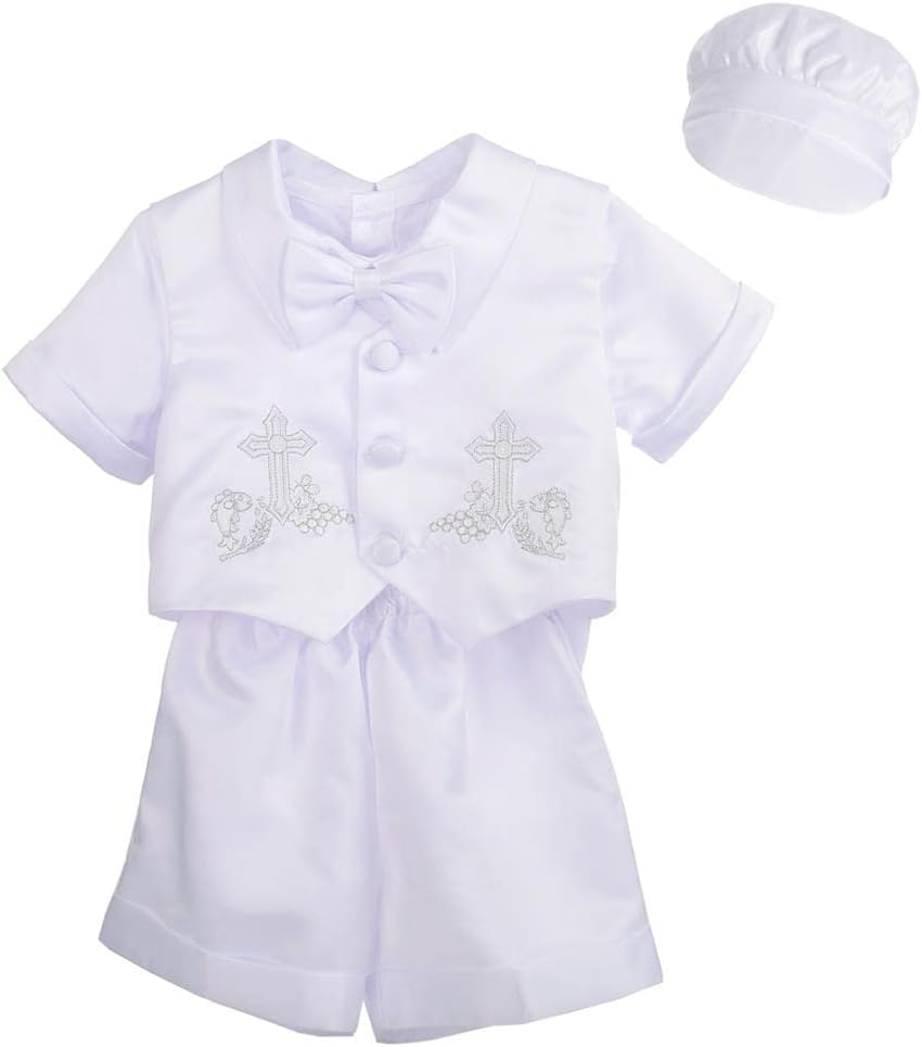 Dressy Daisy Infant Baby Boys' Christening Clothing Baptism Outfit 4 Pieces Set with Bonnet Hat, Short Sleeves