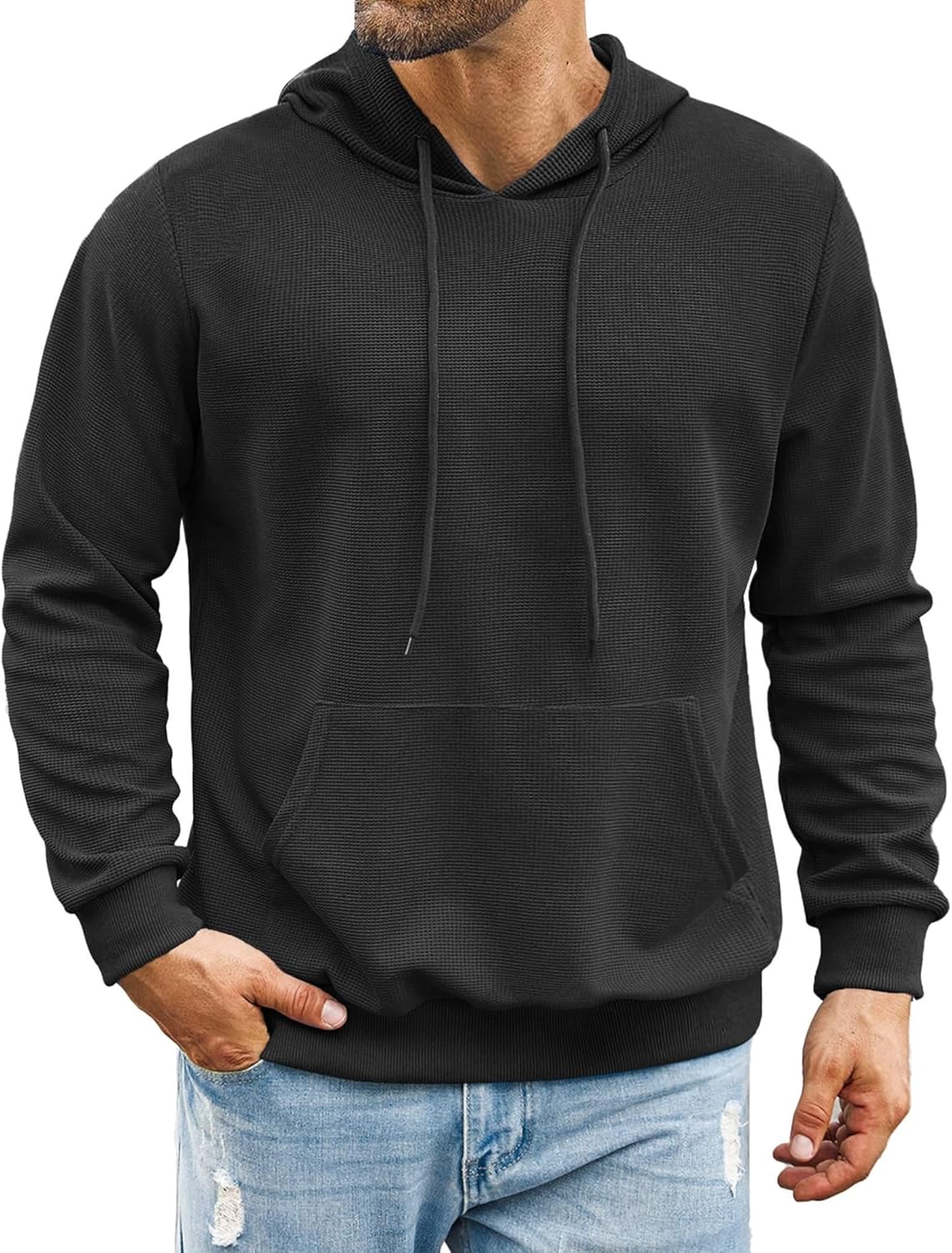 COOFANDY Men's Hooded Sweatshirts Long Sleeve Casual Pullover Hoodie Waffle Knit Sweatshirt with Pocket