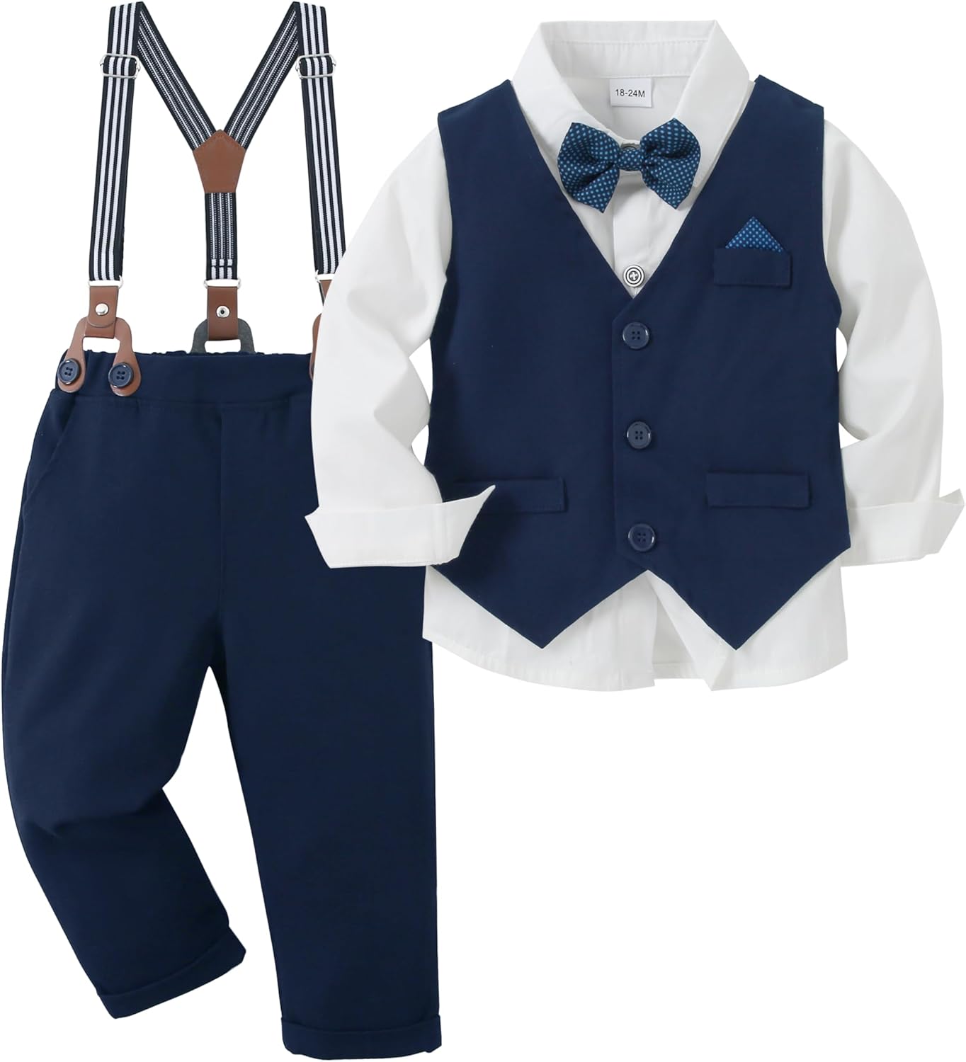 CARETOO Toddler Baby Boy Clothes Suit 5Pcs Gentleman Wedding Outfit Dress Shirt+Vest+Bow Tie+Suspender Pant Formal Set 12M-5T