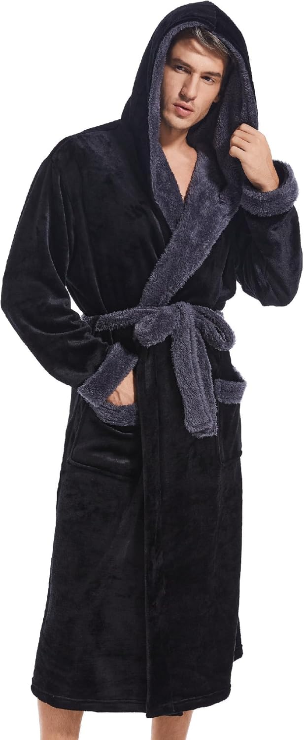 Inner Wish Mens Hooded Robe, Plush Long Bath robes Cozy Warm Bathrobe Fuzzy male Spa Robe With Pockets