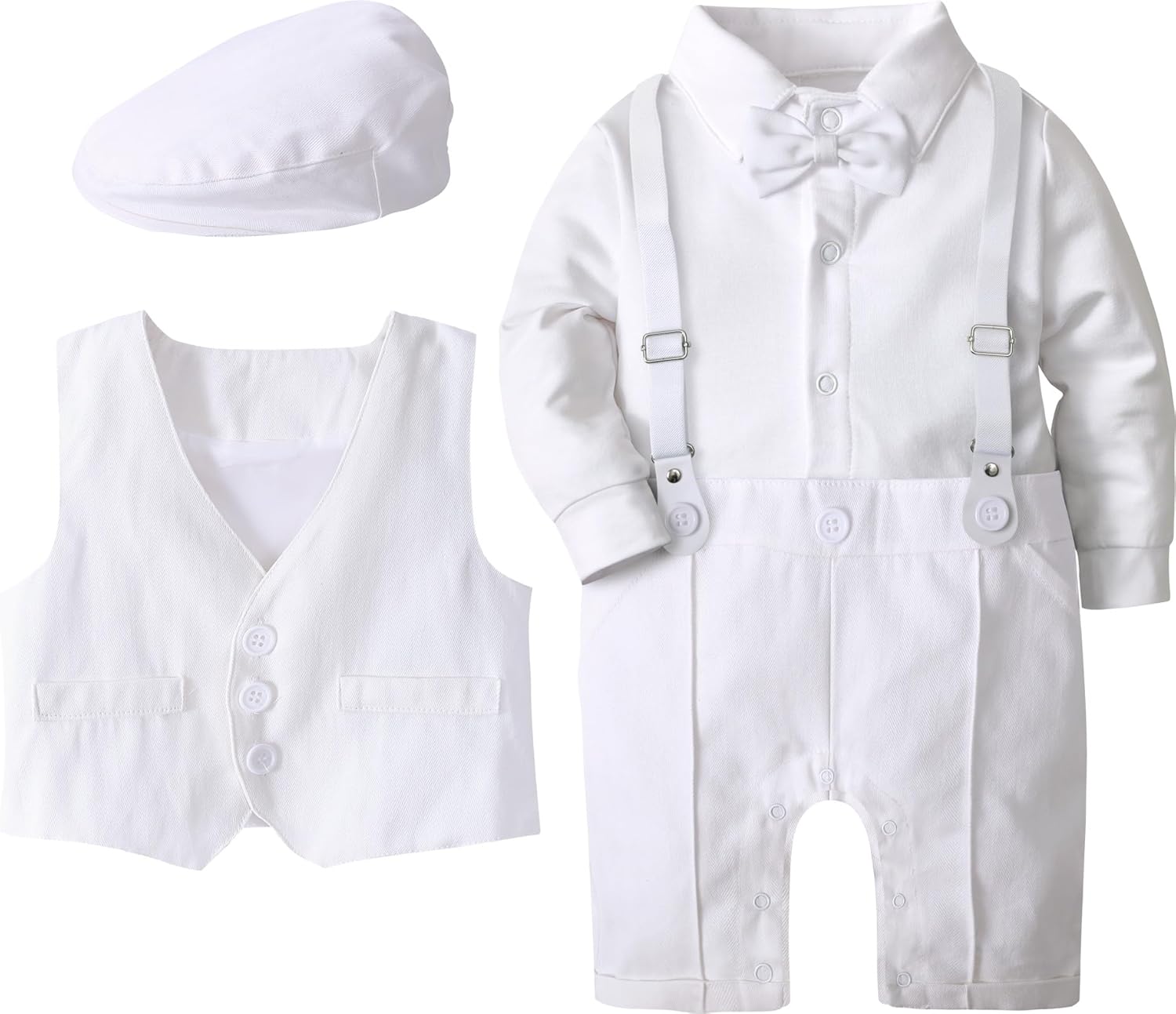 A&J DESIGN 4pcs Baby Boys Suit, 3 Months - 18 Months, Gentleman Romper & Vest & Berets Hat & Bow Tie