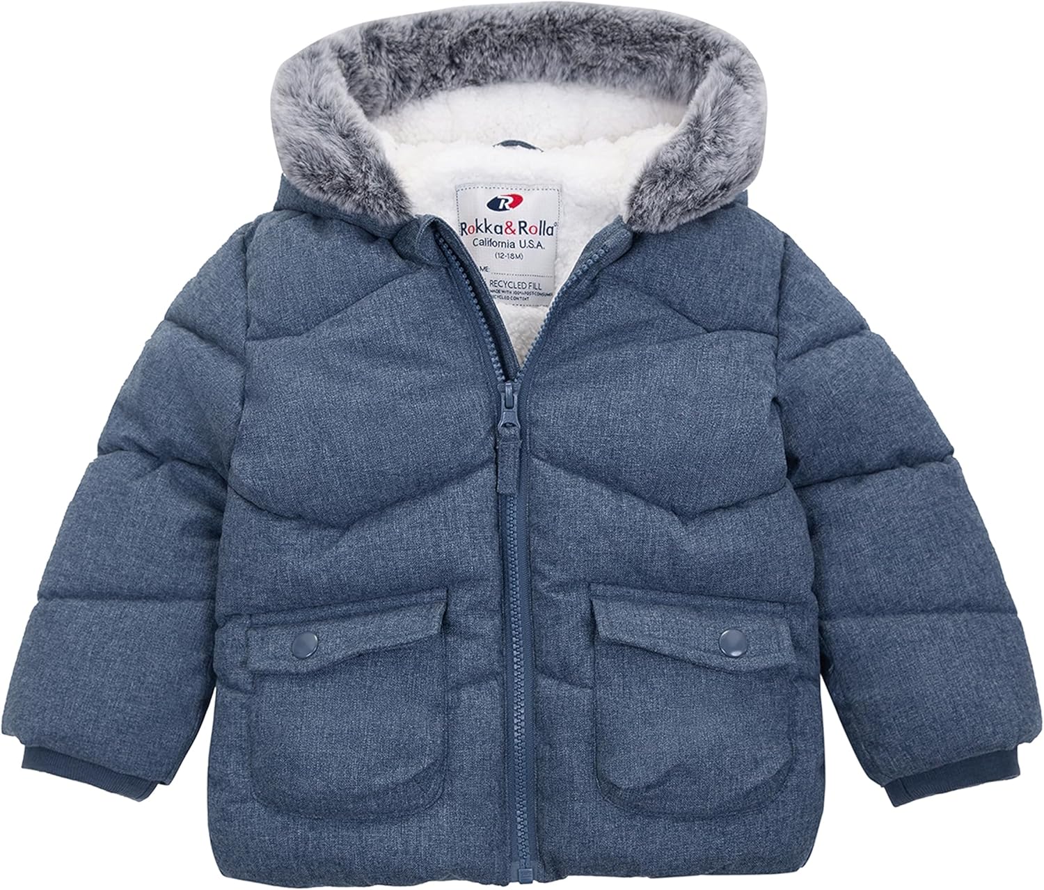 Rokka&Rolla Baby Boys' Sherpa Lined Puffer Jacket Warm Winter Coat with Mini Fur Trim Hood for Newborn Infants Toddler