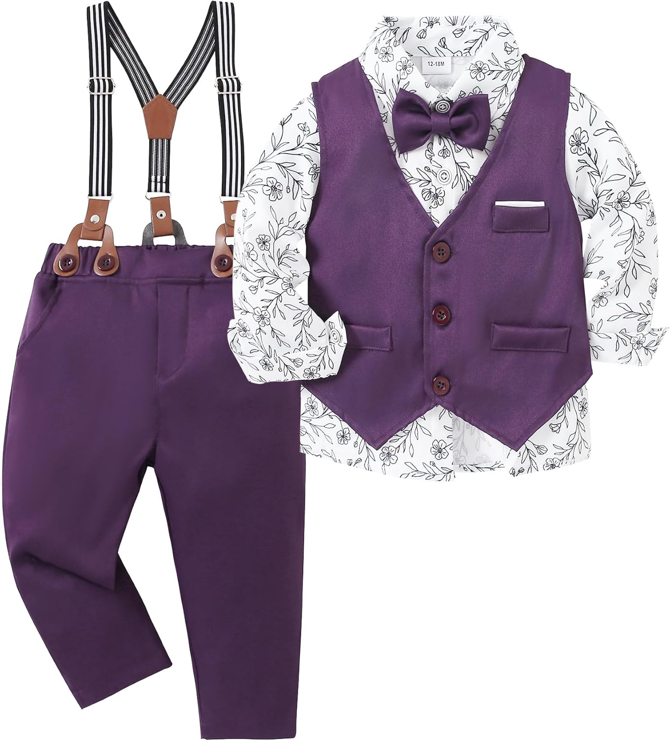 ZOEREA Toddler Boy Suit Formal Wedding Outfits Gentleman Clothes Long Sleeve Shirt + Suspender Pants + Bowtie