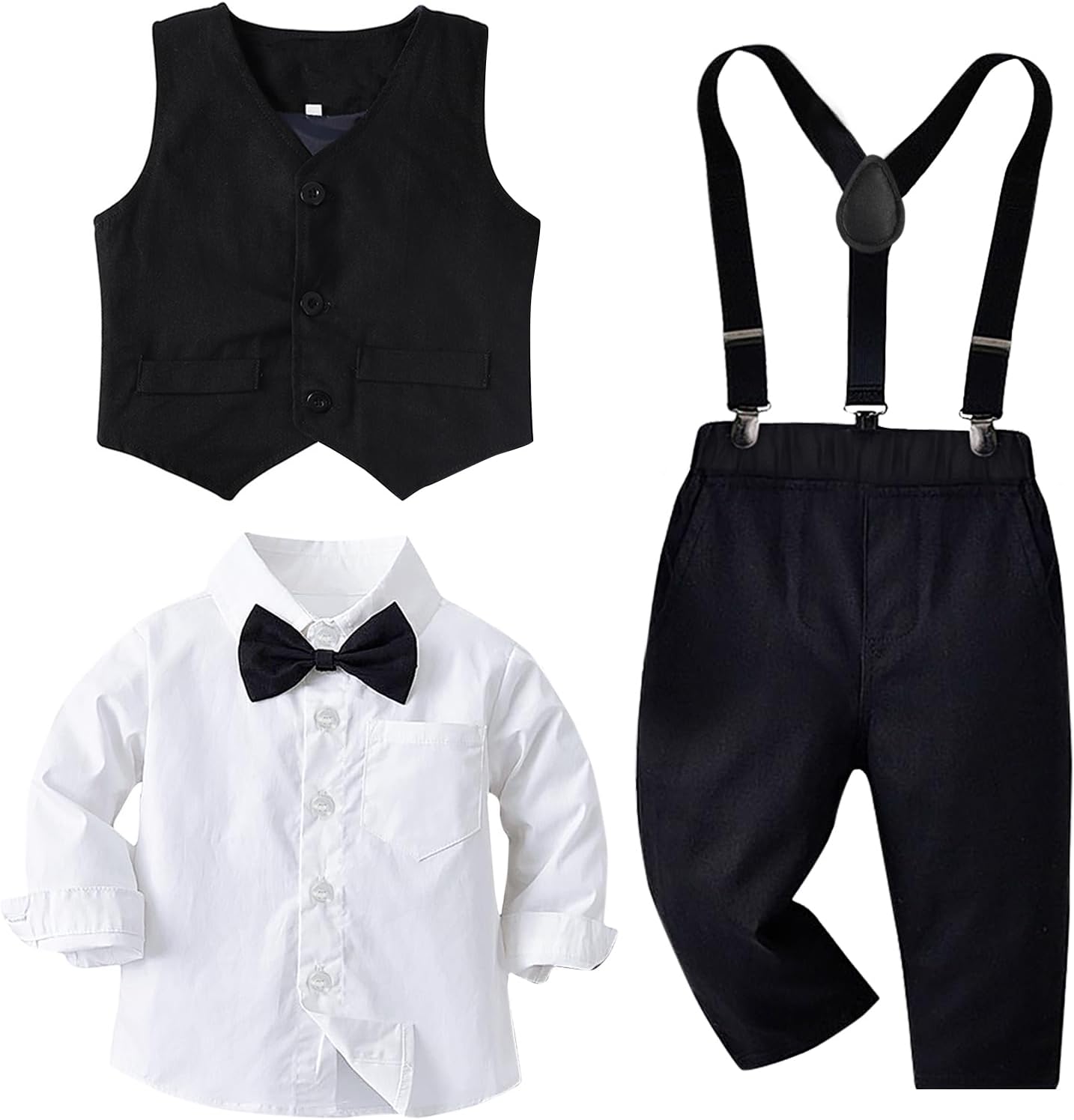 Toddler Baby Boy Clothes Suit 5Pcs Gentleman Wedding Party Outfits,Formal DressShirt+Bowtie+Vest+Suspender Pants,12M-5T