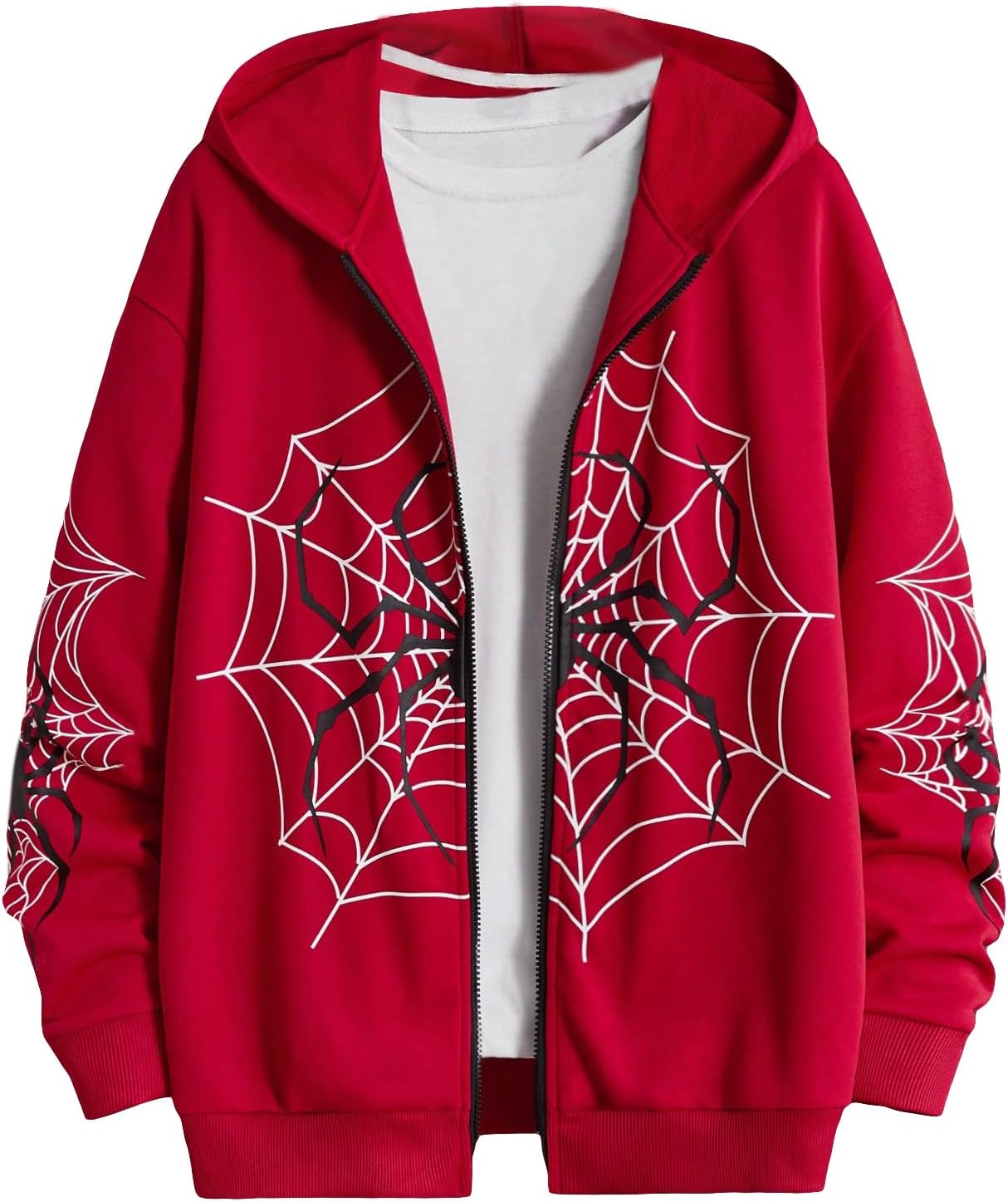 SHENHE Men's Zip Up Graphic Spiderweb Print Long Sleeve Goth Hoodie Sweatshirt Jacket