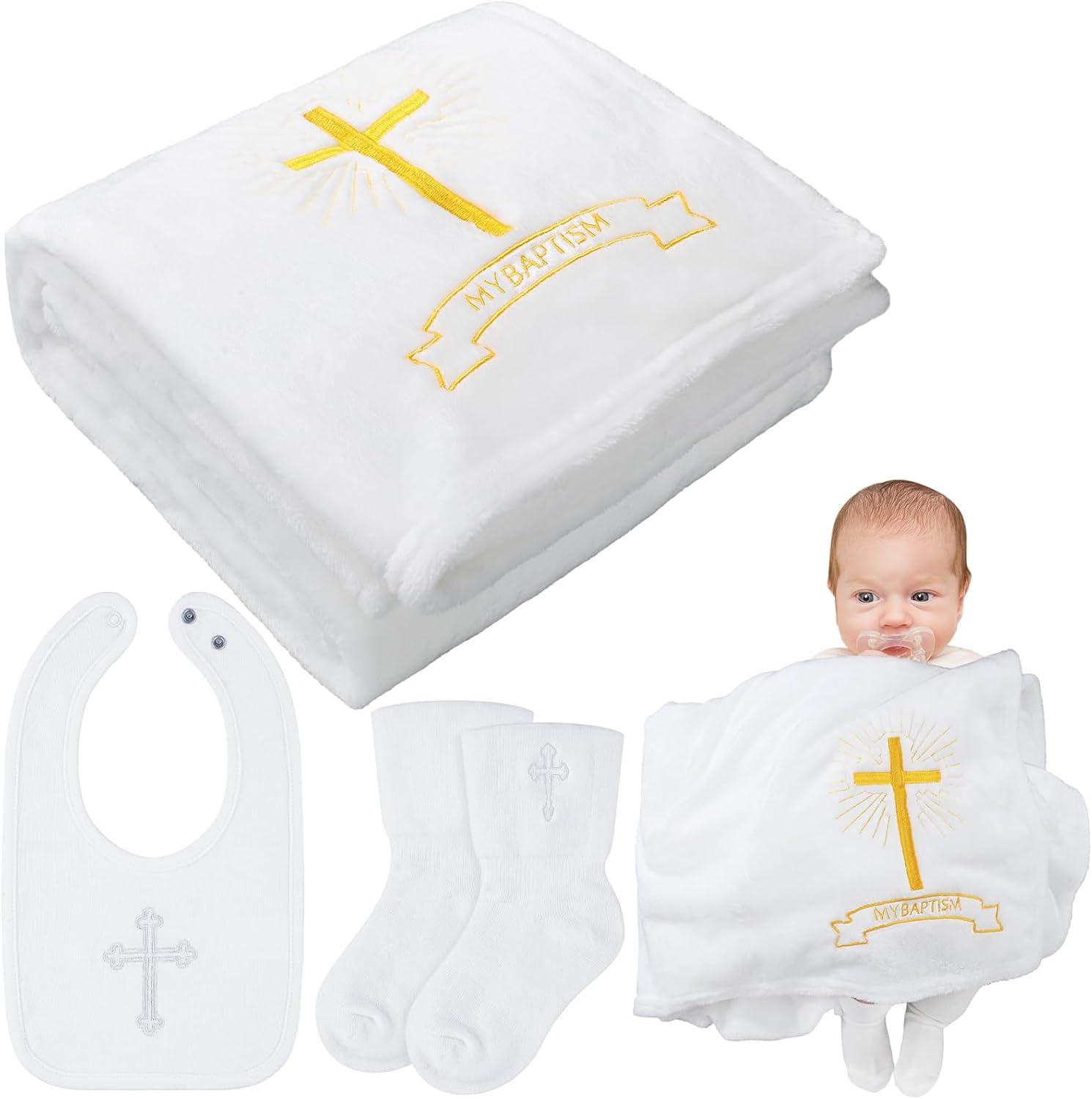 Panitay Set of 3 Baby Baptism Blanket White Bibs Baptism Socks for Baby Boys Girls Soft Coral Fleece White Receiving Blanket Baptism Christening Dedication Accessories